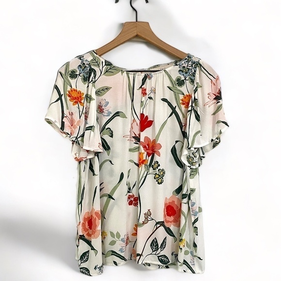 Loft Vibrant Floral Print Short Flouncy Sleeve Blouse Top, Women’s Size Medium - Picture 1 of 7